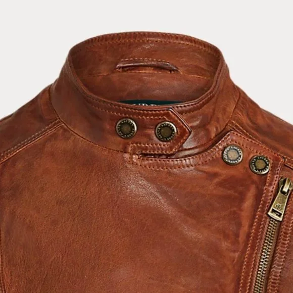 Lauren Ralph Lauren Burnished Leather Moto Bomber Jacket Dark Walnut